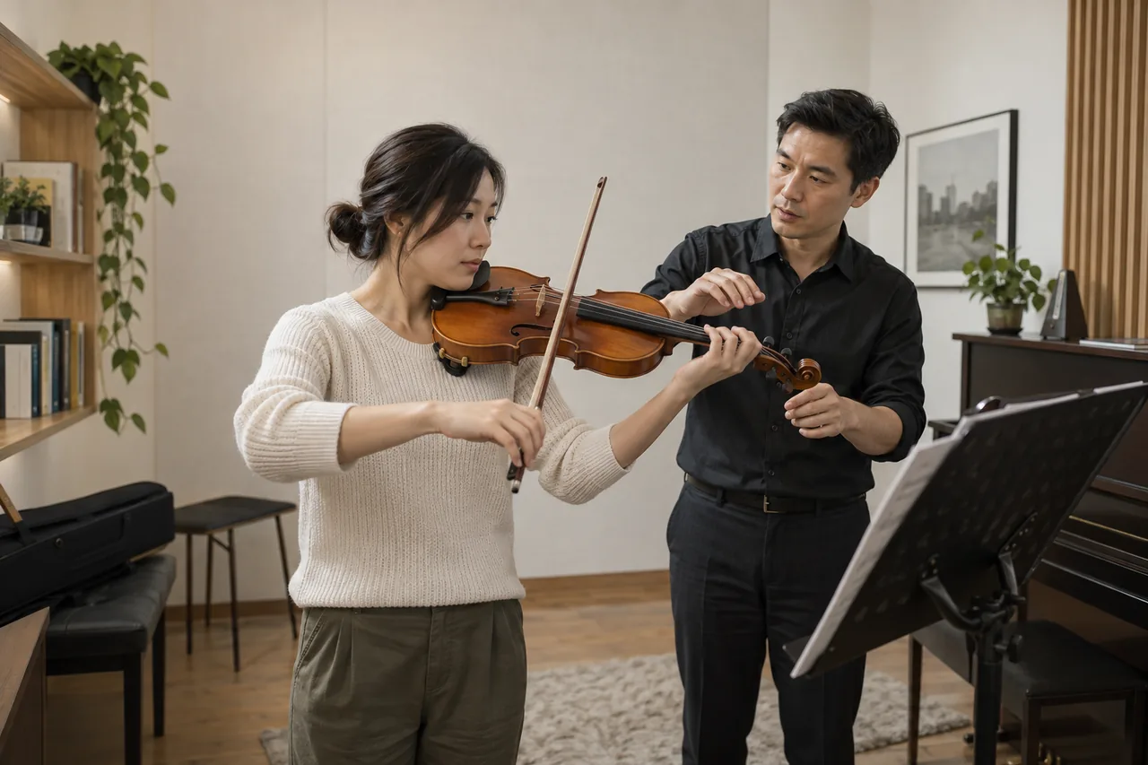 Adult beginner learning violin with a teacher