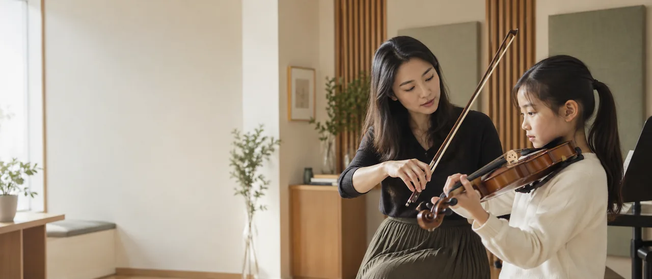 Violin teacher guiding a child in a warm music studio