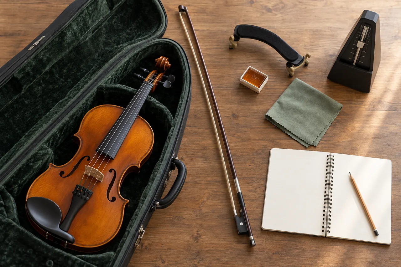 Violin, bow, shoulder rest, rosin and practice notebook